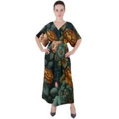 Floral Flower Blossom Turquoise V-Neck Boho Style Maxi Dress