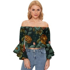 Floral Flower Blossom Turquoise Off Shoulder Flutter Bell Sleeve Top by Ravend