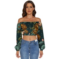 Floral Flower Blossom Turquoise Long Sleeve Crinkled Weave Crop Top