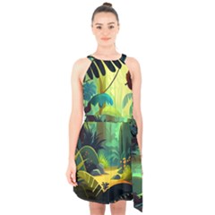 Jungle Rainforest Tropical Forest Halter Collar Waist Tie Chiffon Dress