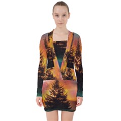 Tree Nature Landscape Fantasy V-neck Bodycon Long Sleeve Dress