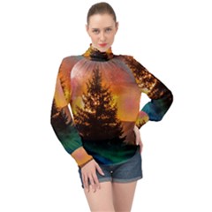 Tree Nature Landscape Fantasy High Neck Long Sleeve Chiffon Top