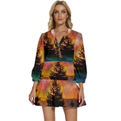 Tree Nature Landscape Fantasy V-neck Placket Mini Dress