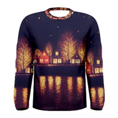 Night Houses River Bokeh Leaves Men s Long Sleeve Tee