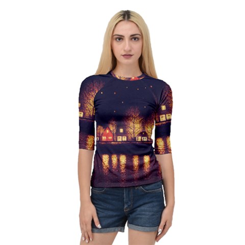 Night Houses River Bokeh Leaves Quarter Sleeve Raglan Tee by Ravend