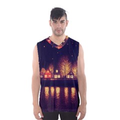 Night Houses River Bokeh Leaves Men s Basketball Tank Top