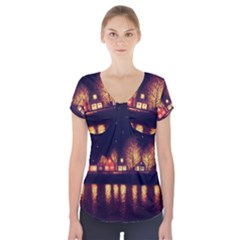 Night Houses River Bokeh Leaves Short Sleeve Front Detail Top