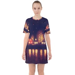 Night Houses River Bokeh Leaves Sixties Short Sleeve Mini Dress by Ravend