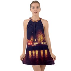 Night Houses River Bokeh Leaves Halter Tie Back Chiffon Dress