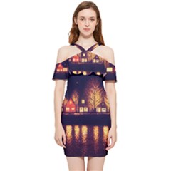 Night Houses River Bokeh Leaves Shoulder Frill Bodycon Summer Dress