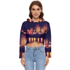 Night Houses River Bokeh Leaves Women s Lightweight Cropped Hoodie by Ravend