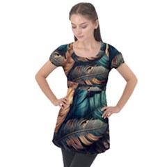 Ai Generated Leaves Foliage Plants Puff Sleeve Tunic Top by Ravend