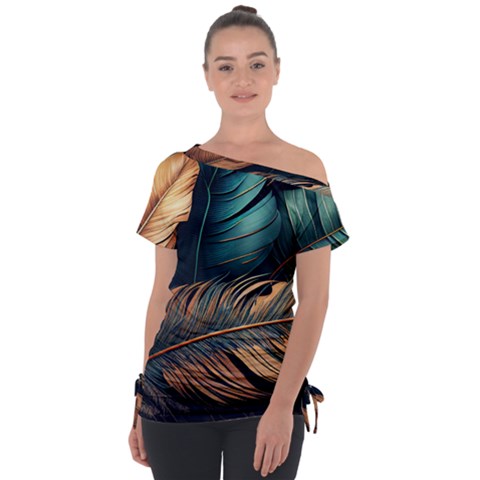 Ai Generated Leaves Foliage Plants Off Shoulder Tie-up Tee by Ravend