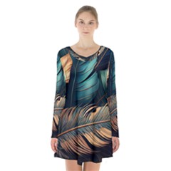 Ai Generated Leaves Foliage Plants Long Sleeve Velvet V-neck Dress