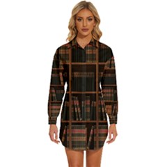 Books Bookshelf Bookcase Library Womens Long Sleeve Shirt Dress