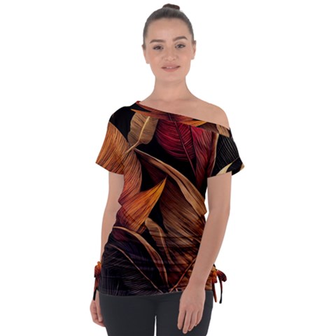 Ai Generated Leaves Tropical Palm Off Shoulder Tie-up Tee by Ravend