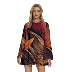 Ai Generated Leaves Tropical Palm Round Neck Long Sleeve Bohemian Style Chiffon Mini Dress