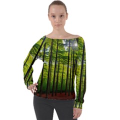 Green Forest Jungle Trees Nature Sunny Off Shoulder Long Sleeve Velour Top by Ravend