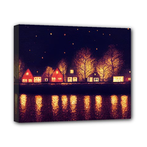 Night Houses River Bokeh Leaves Landscape Nature Canvas 10  X 8  (stretched) by Ravend