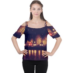 Night Houses River Bokeh Leaves Landscape Nature Cutout Shoulder Tee