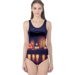 Night Houses River Bokeh Leaves Landscape Nature One Piece Swimsuit by Ravend