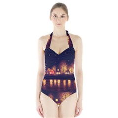 Night Houses River Bokeh Leaves Landscape Nature Halter Swimsuit by Ravend