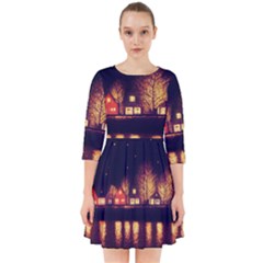 Night Houses River Bokeh Leaves Landscape Nature Smock Dress by Ravend