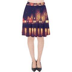 Night Houses River Bokeh Leaves Landscape Nature Velvet High Waist Skirt