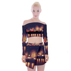 Night Houses River Bokeh Leaves Landscape Nature Off Shoulder Top With Mini Skirt Set