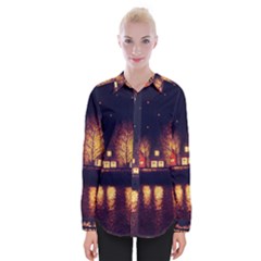 Night Houses River Bokeh Leaves Landscape Nature Womens Long Sleeve Shirt