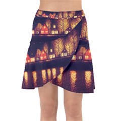 Night Houses River Bokeh Leaves Landscape Nature Wrap Front Skirt