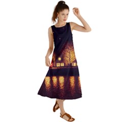 Night Houses River Bokeh Leaves Landscape Nature Summer Maxi Dress by Ravend