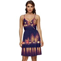 Night Houses River Bokeh Leaves Landscape Nature V-neck Pocket Summer Dress  by Ravend