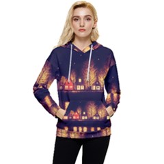 Night Houses River Bokeh Leaves Landscape Nature Women s Lightweight Drawstring Hoodie