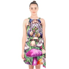 Sacred Mushroom Wizard Glamour Halter Collar Waist Tie Chiffon Dress by GardenOfOphir