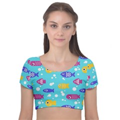 Fish Graphic Seamless Pattern Seamless Pattern Velvet Short Sleeve Crop Top 