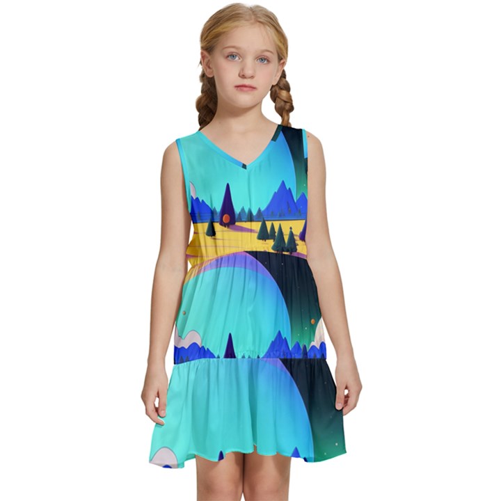 Ai Generated Trees Stars Planets Dreamlike Sun Kids  Sleeveless Tiered Mini Dress