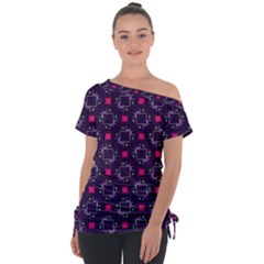 Geometric Pattern Retro Style Background Off Shoulder Tie-up Tee