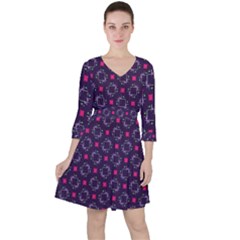 Geometric Pattern Retro Style Background Quarter Sleeve Ruffle Waist Dress