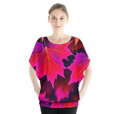 Leaves Purple Autumn Evening Sun Abstract Batwing Chiffon Blouse by Ravend