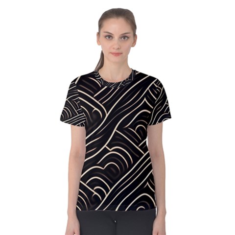 Black Coconut Color Wavy Lines Waves Abstract Women s Cotton Tee by Ravend