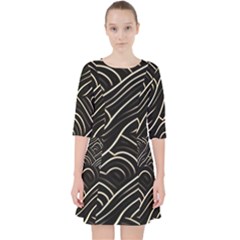 Black Coconut Color Wavy Lines Waves Abstract Quarter Sleeve Pocket Dress