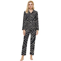 Black Coconut Color Wavy Lines Waves Abstract Womens  Long Sleeve Velvet Pocket Pajamas Set