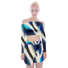 Feathers Pattern Design Blue Jay Texture Colors Off Shoulder Top With Mini Skirt Set by Ravend
