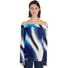 Feathers Pattern Design Blue Jay Texture Colors Off Shoulder Long Sleeve Top by Ravend