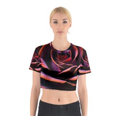 Purple Flower Rose Flower Black Background Cotton Crop Top