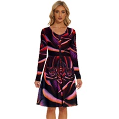 Purple Flower Rose Flower Black Background Long Sleeve Dress With Pocket