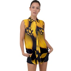 Leaves Foliage Pattern Metallic Gold Background Sleeveless Chiffon Button Shirt