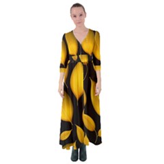 Leaves Foliage Pattern Metallic Gold Background Button Up Maxi Dress