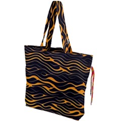 Waves Pattern Golden 3d Abstract Halftone Drawstring Tote Bag by Ravend